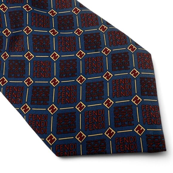 Vintage Fendi Men's 100% Italian Silk Allover Monogram Logo Neck Tie Blue/Red - Picture 3 of 9